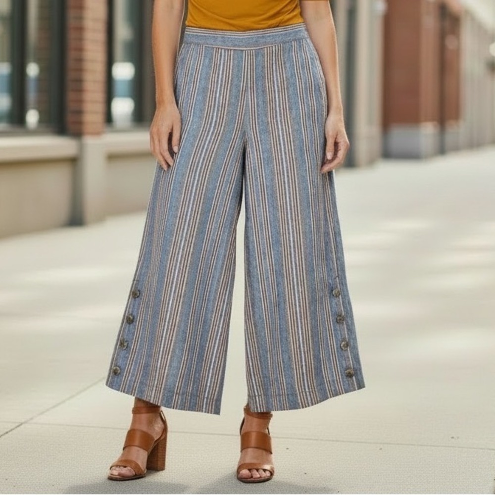 Madewell‎ Wide Leg Crop Pants Womens XS Blue Striped Button Hem casual Excellent